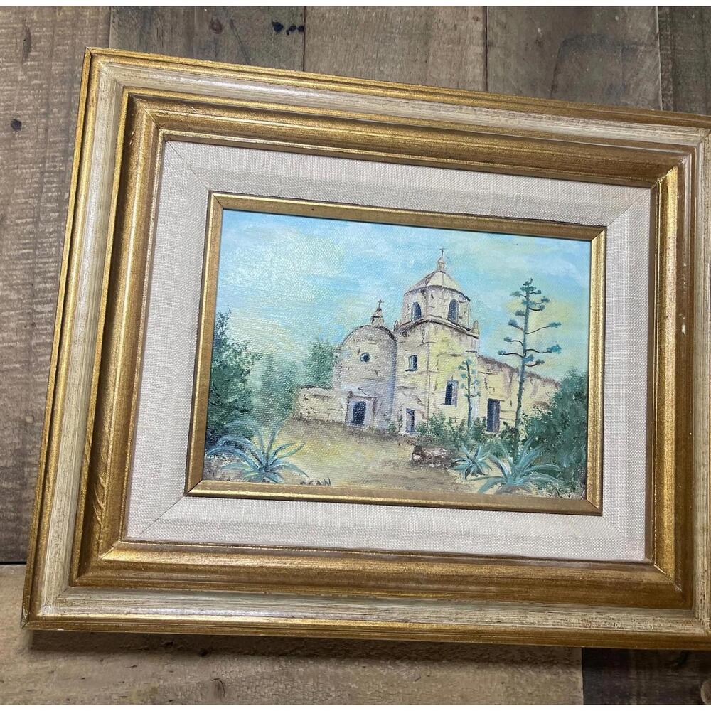Original Oil Painting Mediterranean House Lake Mountains Artist Signed